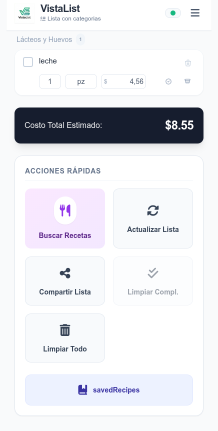 VistaList quick actions for recipes, sharing, saved recipes, and list updates